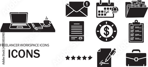 Freelancer Workspace Equipment Icon Set - 10 Black Filled Vector Icons Bundle