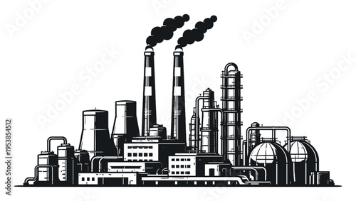Industrial factory emitting smoke or steam from tall chimneys, representing air pollution, heavy industry, energy, and global warming