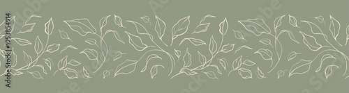 Natural green border with sketches of branches and leaves. Vector floral hand drawn line art seamless pattern for design, wallpaper, banner, card, print, invitation, cover, packaging	