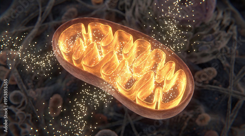 Mitochondria producing ATP energy inside a cell during cellular respiration process