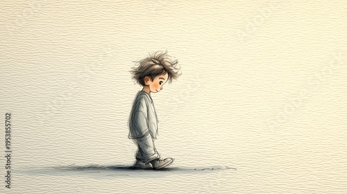Petit garçon dessiné marchant seul sur fond beige minimaliste