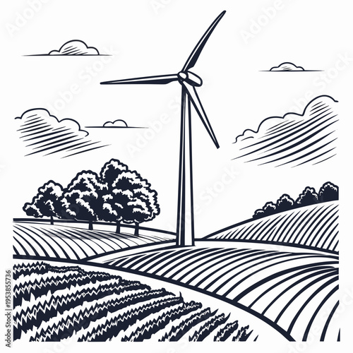 Wind turbine in a countryside scene landscape trees