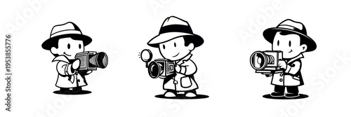 dessin de 3 petits reporters avec appareil photo vintage