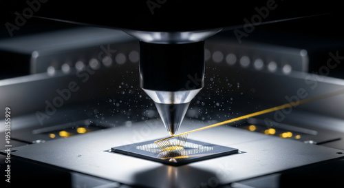 Ultrasonic tip slowly descends to press gold wire onto pad point during precision work in electronics assembly