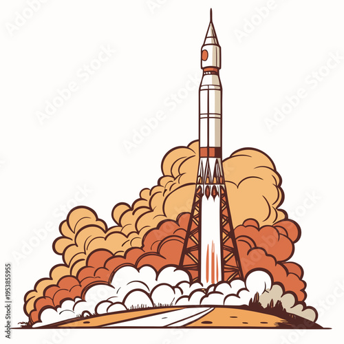 Cartoon rocket ship launching from a launchpad with smoke and flames