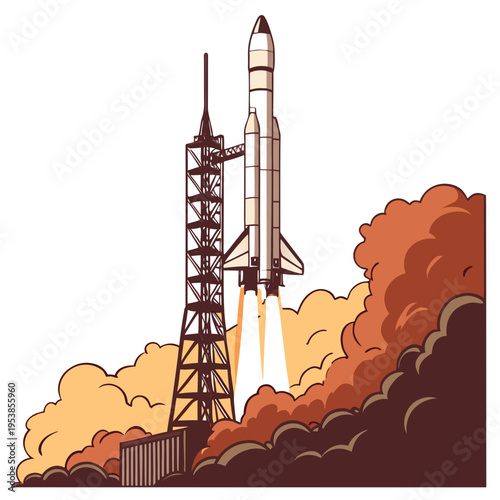 Rocket ship launching from a launchpad with smoke and flames