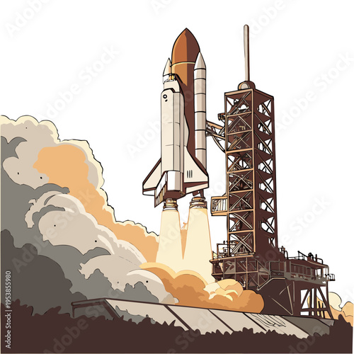 Space shuttle launching from a launchpad with smoke and flames