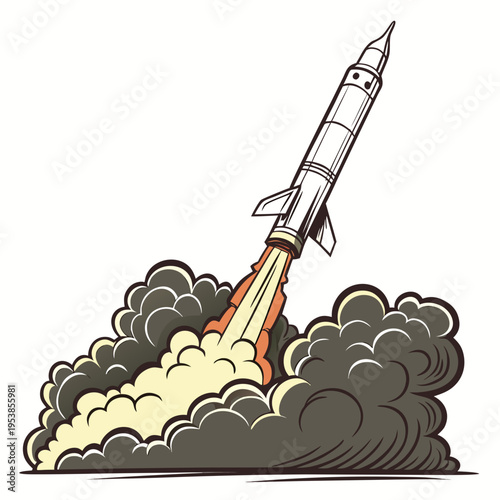 Rocket blasting off with dark smoke and flames blast off