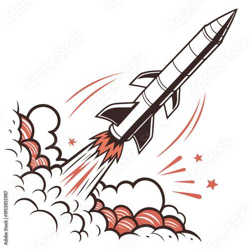 Brown and orange rocket launching into the sky with clouds and stars