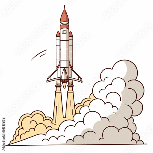 Cartoon rocket ship taking off from launchpad spaceship