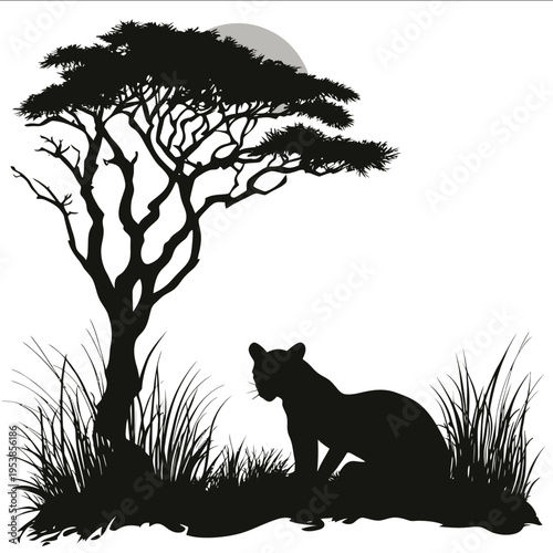 black silhouette African wild cat on a white backgrounk vector