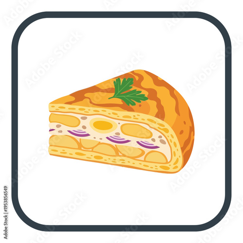 Illustrative slice of savory pie with potatoes, onions, and egg, garnished with parsley