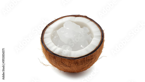Fresh Coconut Half Filled With Ice Cubes and Water on White Background