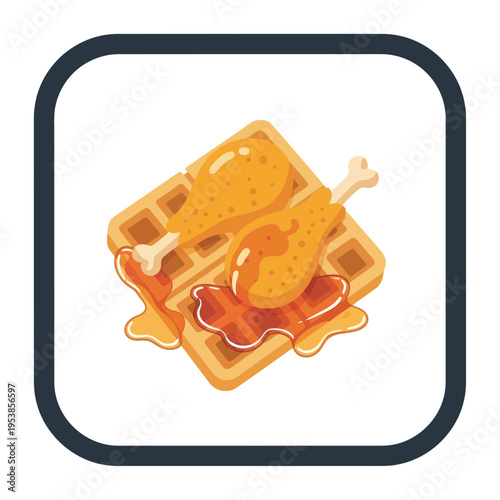 Delicious Chicken and Waffles Icon with Syrup Drizzle - A Sweet and Savory Combination Meal