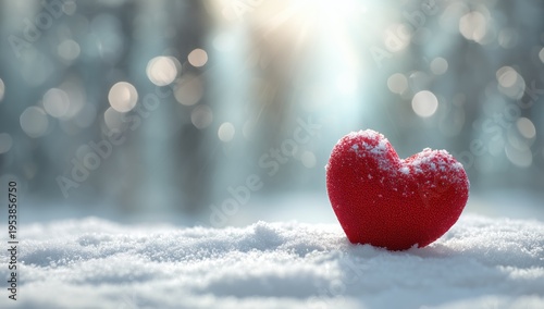 Snowy Winter Landscape with Red Heart and Sunlight Bokeh