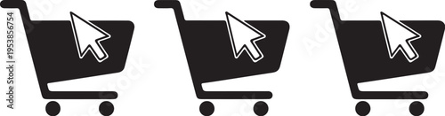 Three identical black shopping cart icons with white computer mouse pointers on a grey background