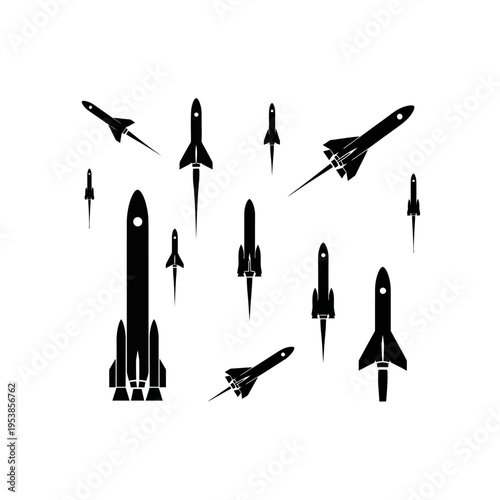 Collection of Black Rocket Ship Silhouettes on White Background.