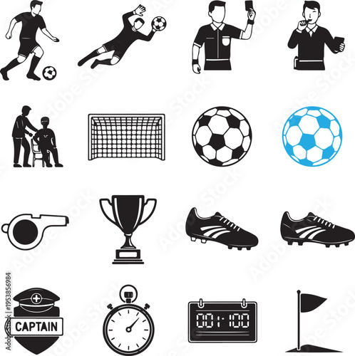 Set of sixteen professional soccer icons depicting various game elements in a clean black style