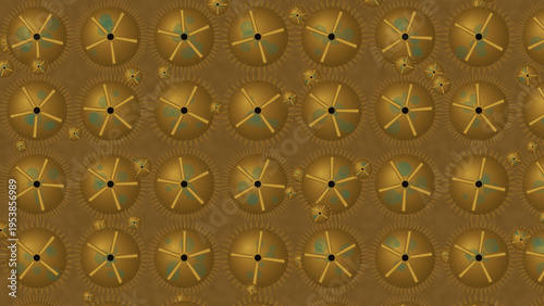 Photos Abstract Gear Patterns: An overhead perspective captures a detailed array of golden gears meticulously arranged in a repeating pattern