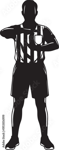 A professional sports referee standing in a white background making a time out hand signal sign
