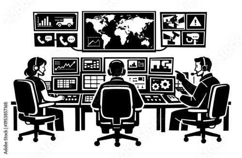 Team of operators working in a control room, analyzing global data, managing emergency dispatch, and monitoring security systems