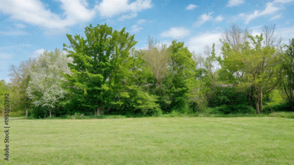Fototapeta premium Open grassy field with mixed deciduous trees and sky