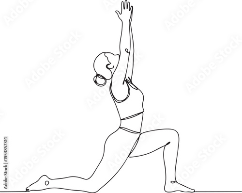 Minimalist continuous line drawing of a woman performing a kneeling lunge yoga pose in black
