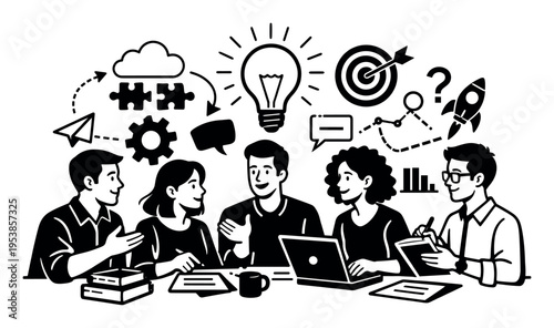 Business team collaborating around a table, brainstorming new ideas, strategizing, and developing creative solutions for projects