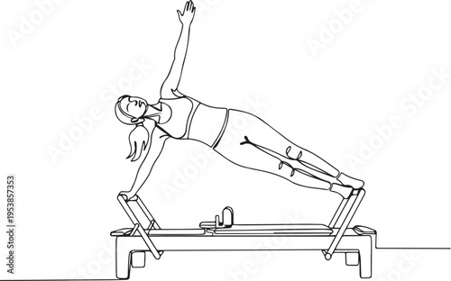 Minimalist one line drawing of a woman performing a side plank exercise on a pilates reformer machine