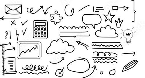 Collection of business and technology related doodles and icons