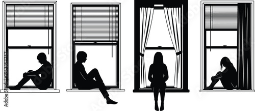 Silhouettes of people sitting on window sills looking out or thinking representing loneliness solitude reflection sadness mental health and quiet moments.