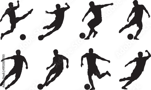 Silhouette of soccer players in various kicking and running poses
