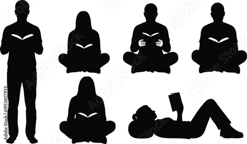Collection of men and women silhouettes reading books in standing sitting and lying positions representing education knowledge learning literacy and study.