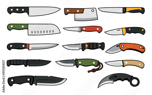 Variety of knife sets on display featuring kitchen chef, cleaver, pocket, survival, and karambit styles