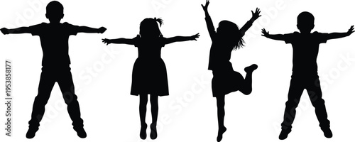 Silhouette of Four Happy Children Jumping and Playing Together with Outstretched Arms on White Background, Group of Kids Having Fun