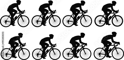 Silhouette of professional road cyclists in different riding positions set isolated on white background for sports competition and fitness training concept