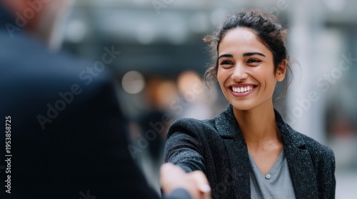 Woman shaking hands smiling at camera