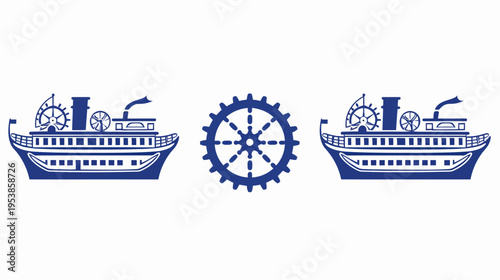 Blue steamboat icons frame a gear, nautical engineering concept, vector, on white