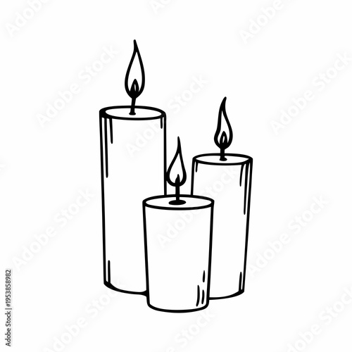 Three white candles with burning flames