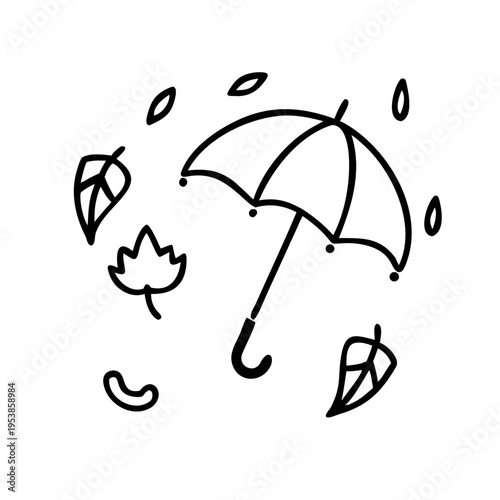 A black and white drawing of an umbrella in the rain