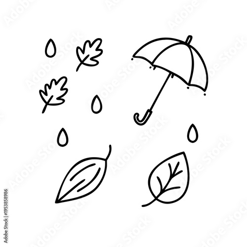 A line drawing of an umbrella and leaves in the rain