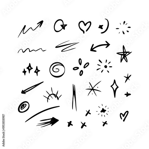 A collection of hand drawn doodle arrows and stars