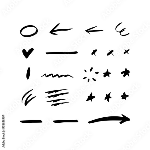 A set of black ink strokes and shapes on a white background