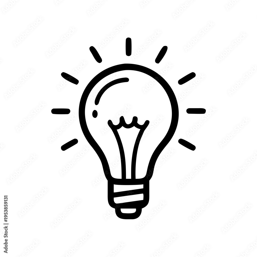 Fototapeta premium A simple black line art light bulb with rays
