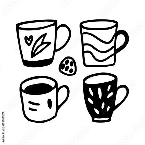 Four different coffee mugs and a cookie