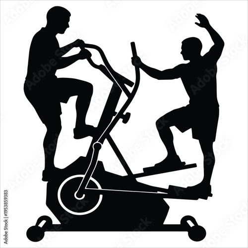 Silhouette of two men exercising on stationary bike at gym