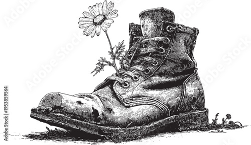 A tattoo design template featuring a single daisy emerging from an old boot, vector illustration