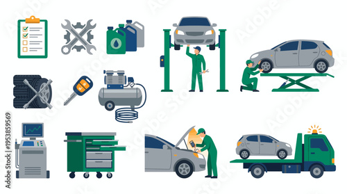 flat vector set of car service professional auto mechanics repairing vehicles in workshop, concept for automotive maintenance, technical diagnostic support and roadside assistance