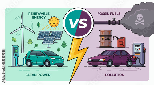 Comparative illustration of renewable energy solar wind power versus fossil fuel oil pollution in flat vector design, concept for environmental education, sustainability strategy and climate research