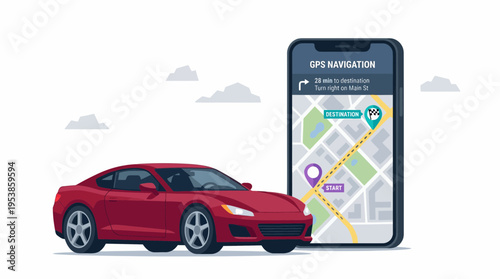 red sedan car beside large smartphone with gps navigation map interface, concept for smart driving, logistics planning and modern transportation